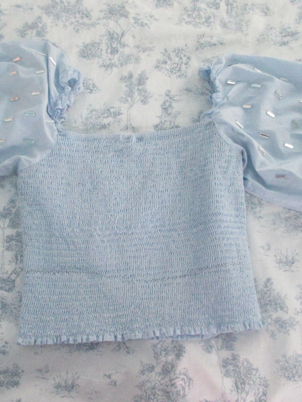 QUEEN OF SPARKLES Light Blue Smocked Puff-Sleeve Top
